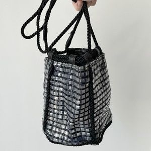 Maryam Nassir Zadeh leather and plastic drawstring bucket bag purse black silk
